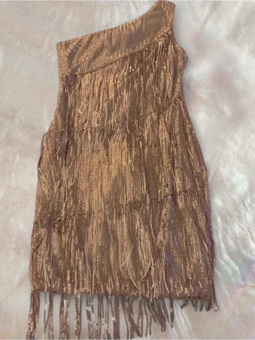 One-Shoulder Rose Gold Sequin Fringe Dress